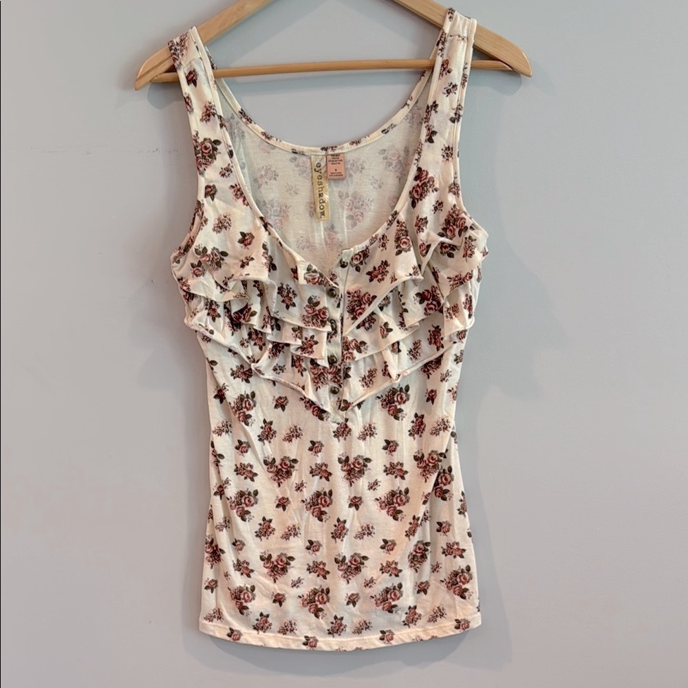 Eyeshadow Cream Tank Top with Pink Floral Ruffles